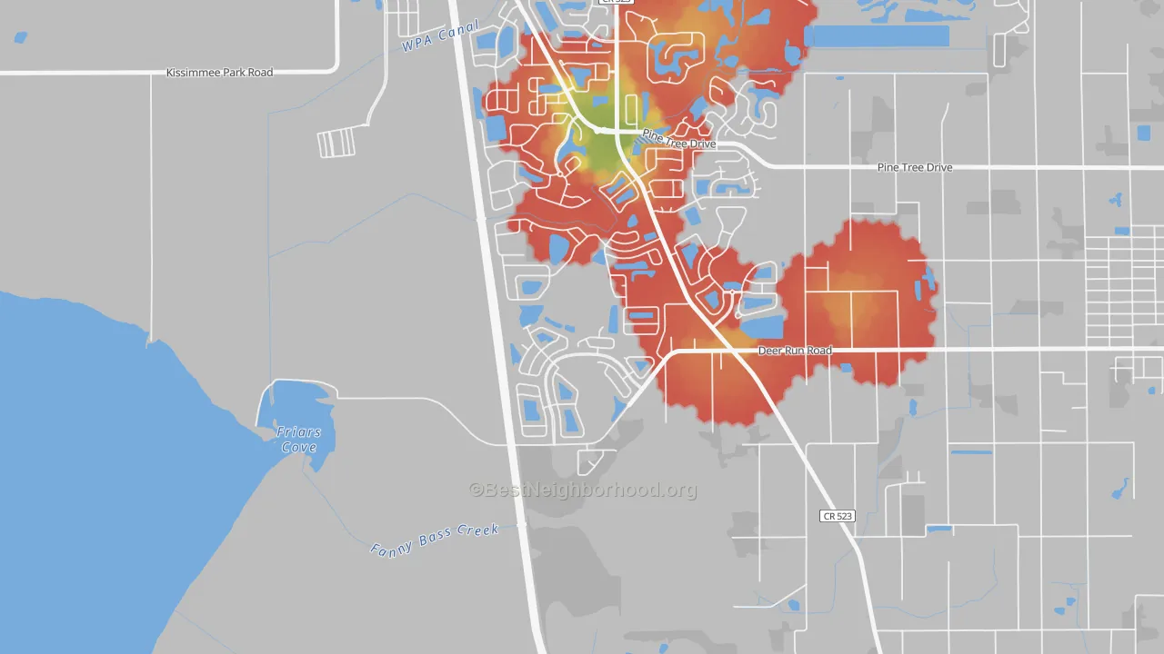 Walk Grade map of Esprit, St. Cloud, FL, walkable areas in green and car-dependent areas in red