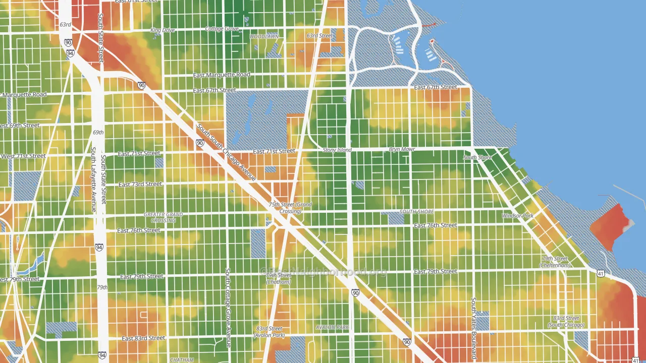 Walk Grade map of Essex, Chicago, IL, walkable areas in green and car-dependent areas in red