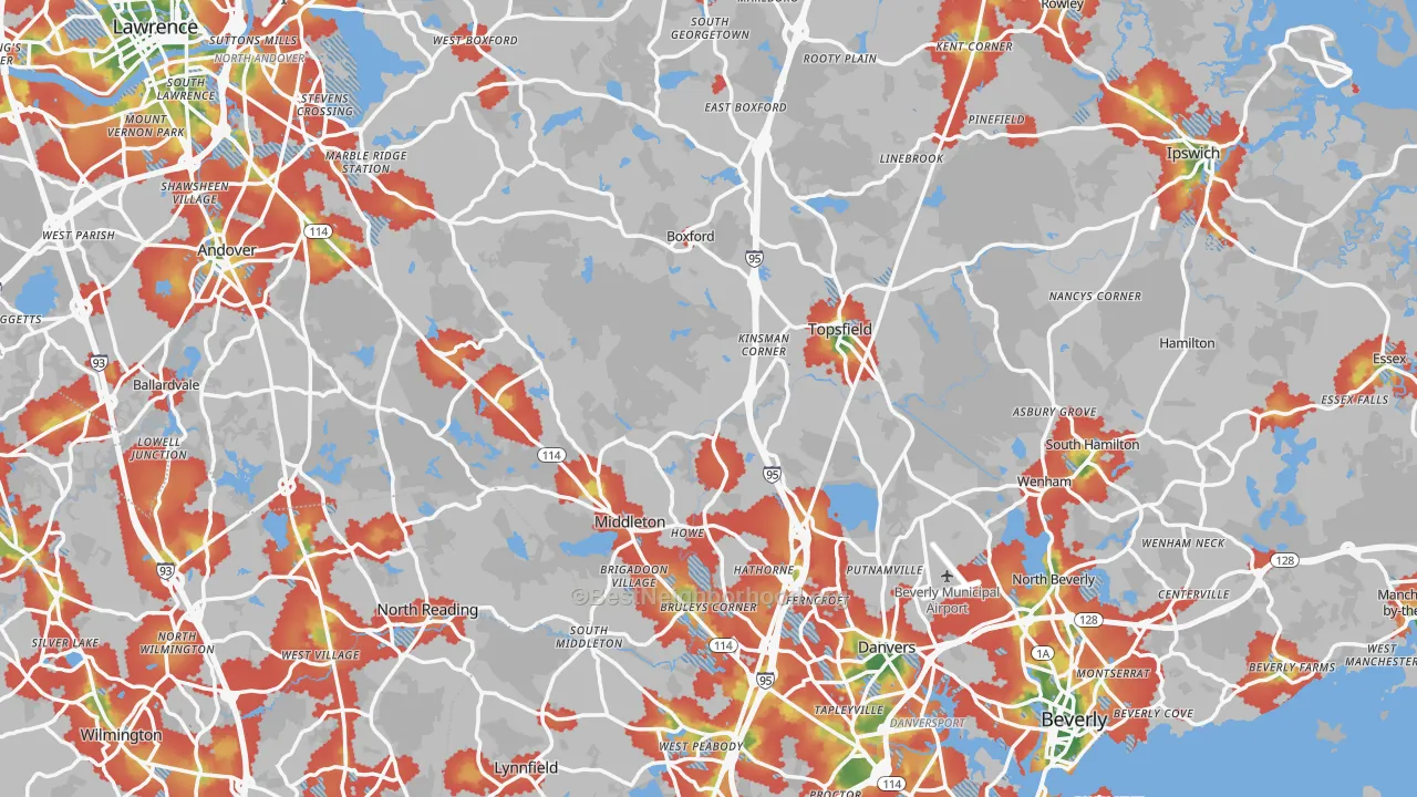 Walk Grade map of Essex County, MA, walkable areas in green and car-dependent areas in red
