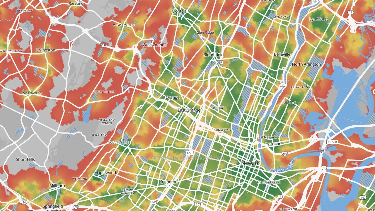 Walk Grade map of Essex County, NJ, walkable areas in green and car-dependent areas in red