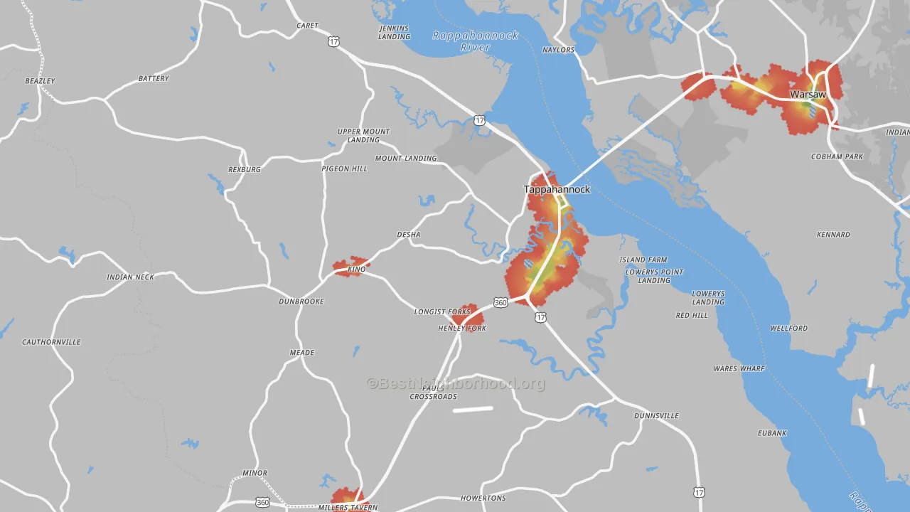 Walk Grade map of Essex County, VA, walkable areas in green and car-dependent areas in red