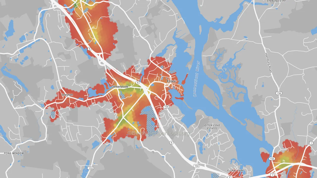 Walk Grade map of Essex, CT, walkable areas in green and car-dependent areas in red