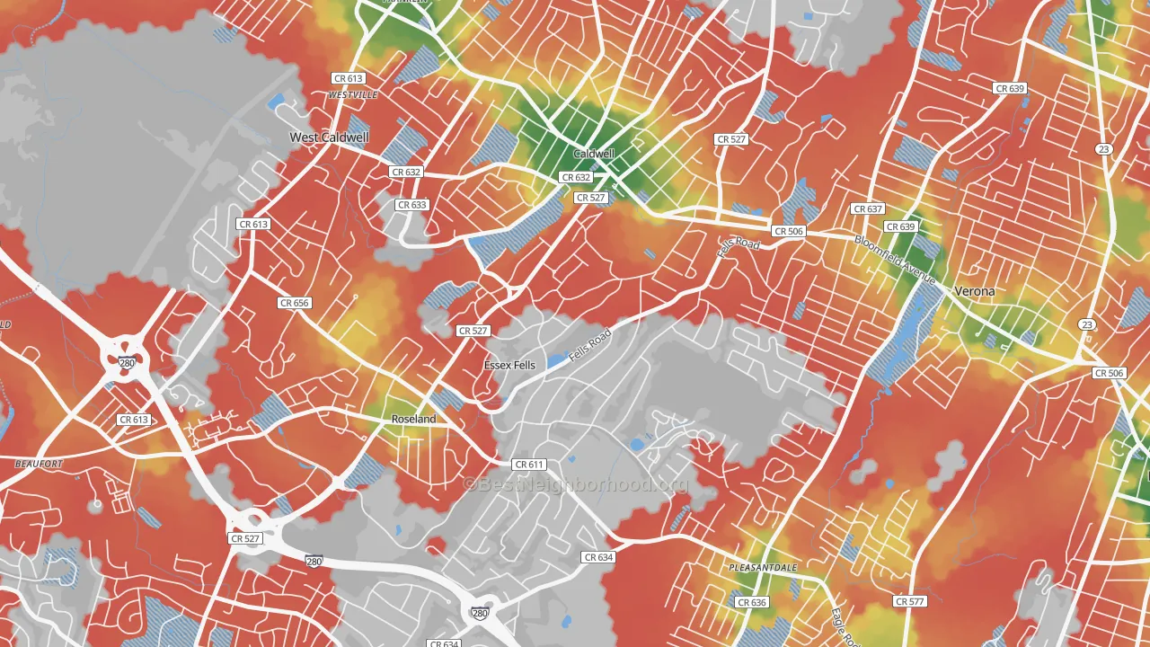 Walk Grade map of Essex Fells, NJ, walkable areas in green and car-dependent areas in red