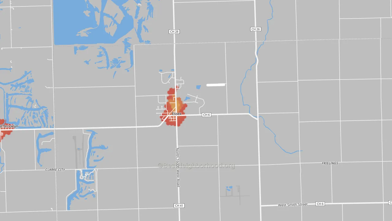 Walk Grade map of Essex, IL, walkable areas in green and car-dependent areas in red