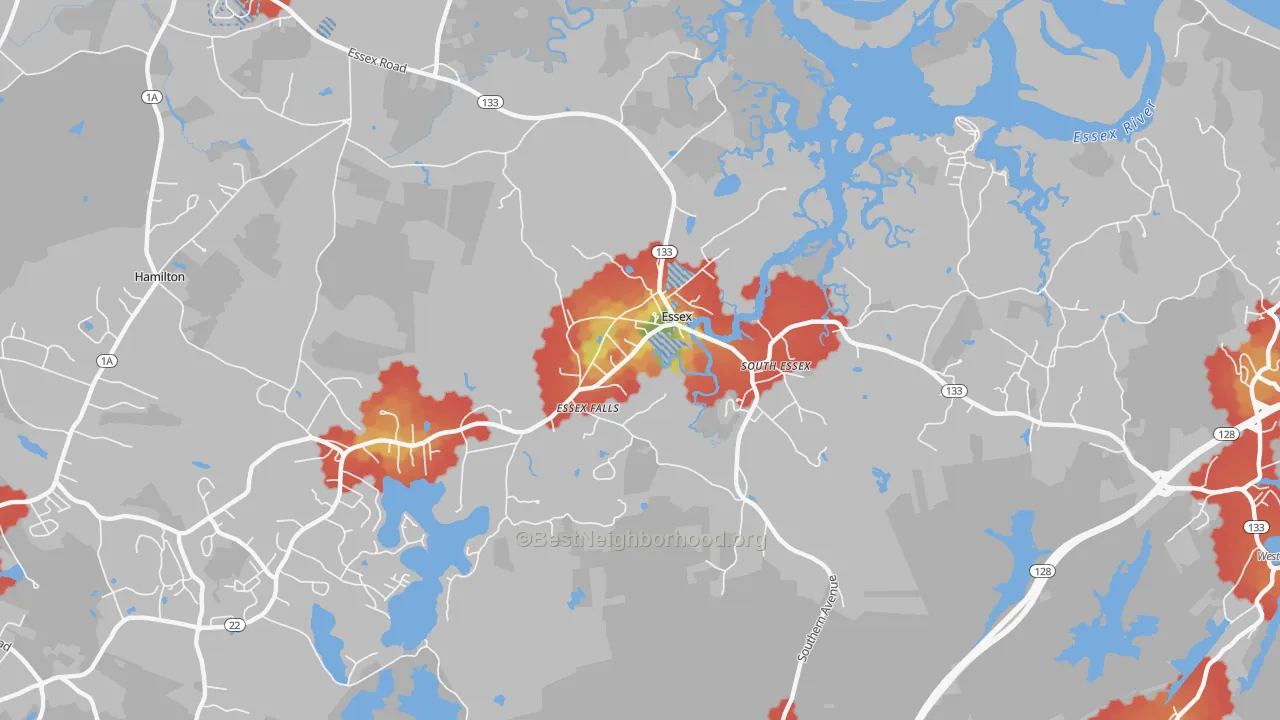 Walk Grade map of Essex, MA, walkable areas in green and car-dependent areas in red