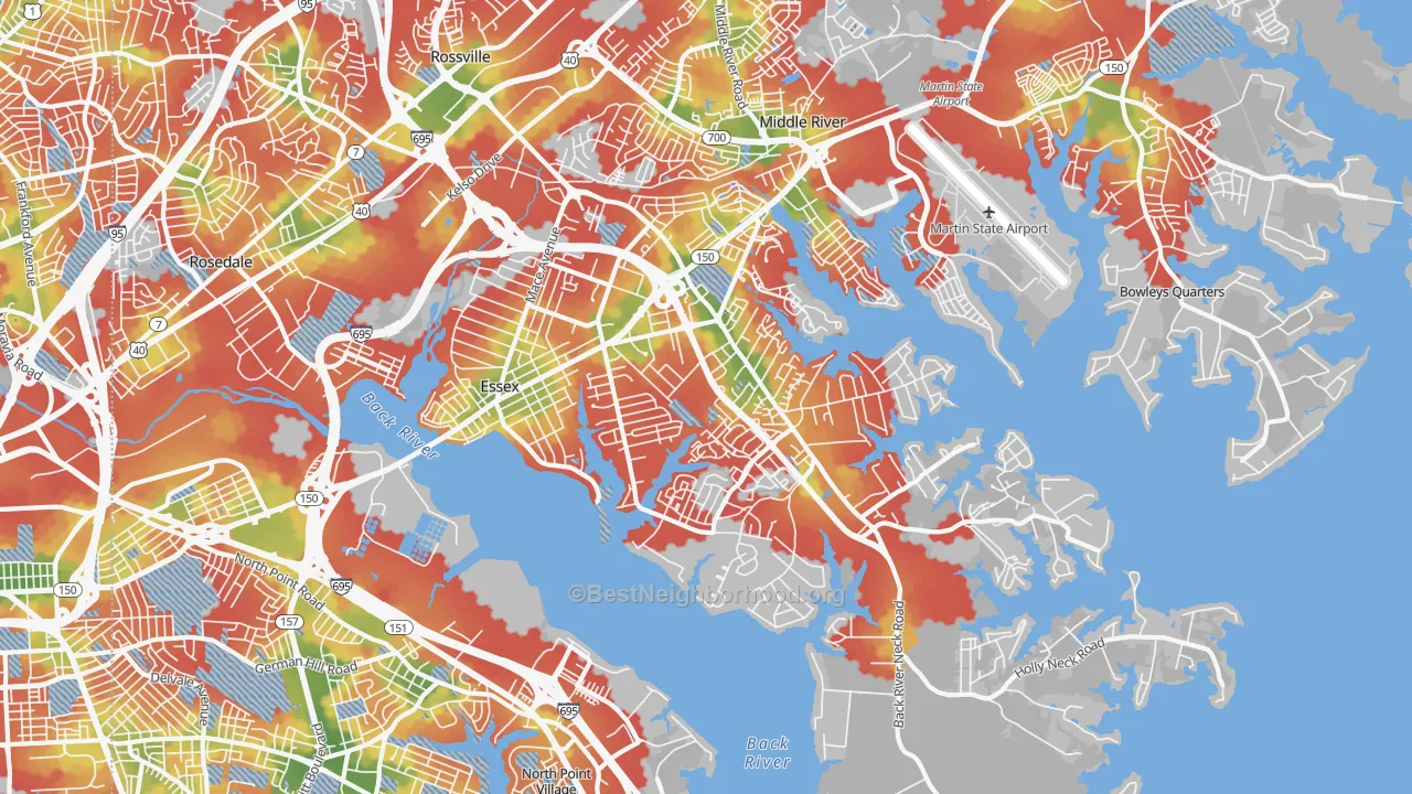 Walk Grade map of Essex, MD, walkable areas in green and car-dependent areas in red