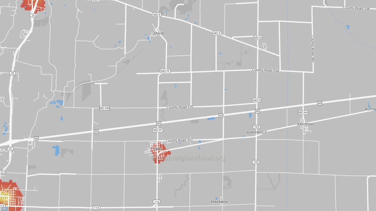 Walk Grade map of Essex, MO, walkable areas in green and car-dependent areas in red