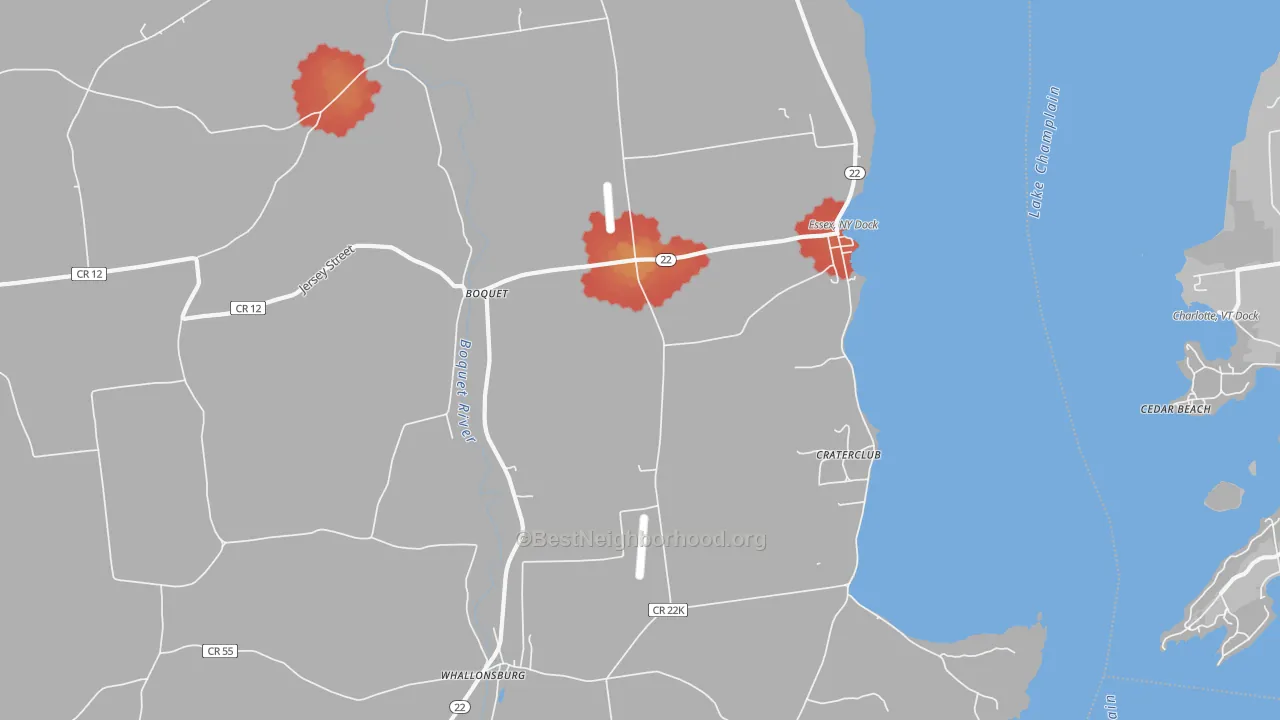 Walk Grade map of Essex, NY, walkable areas in green and car-dependent areas in red