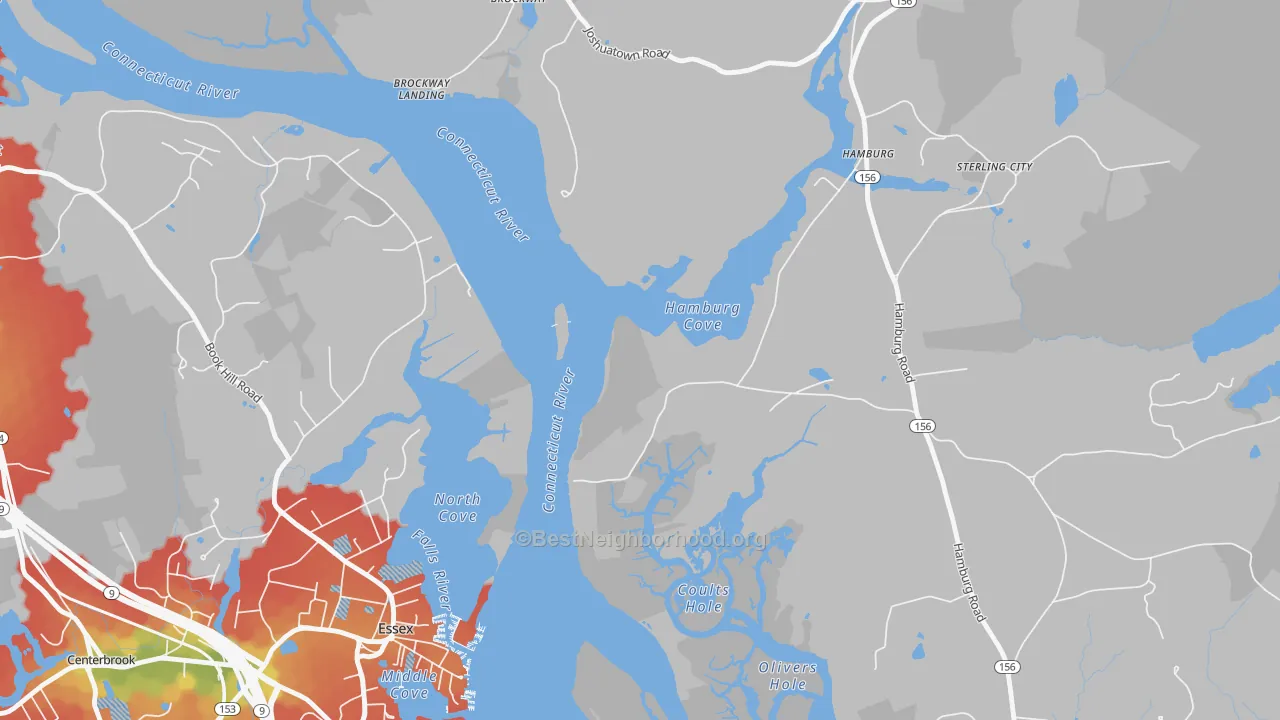 Walk Grade map of Essex Village, CT, walkable areas in green and car-dependent areas in red