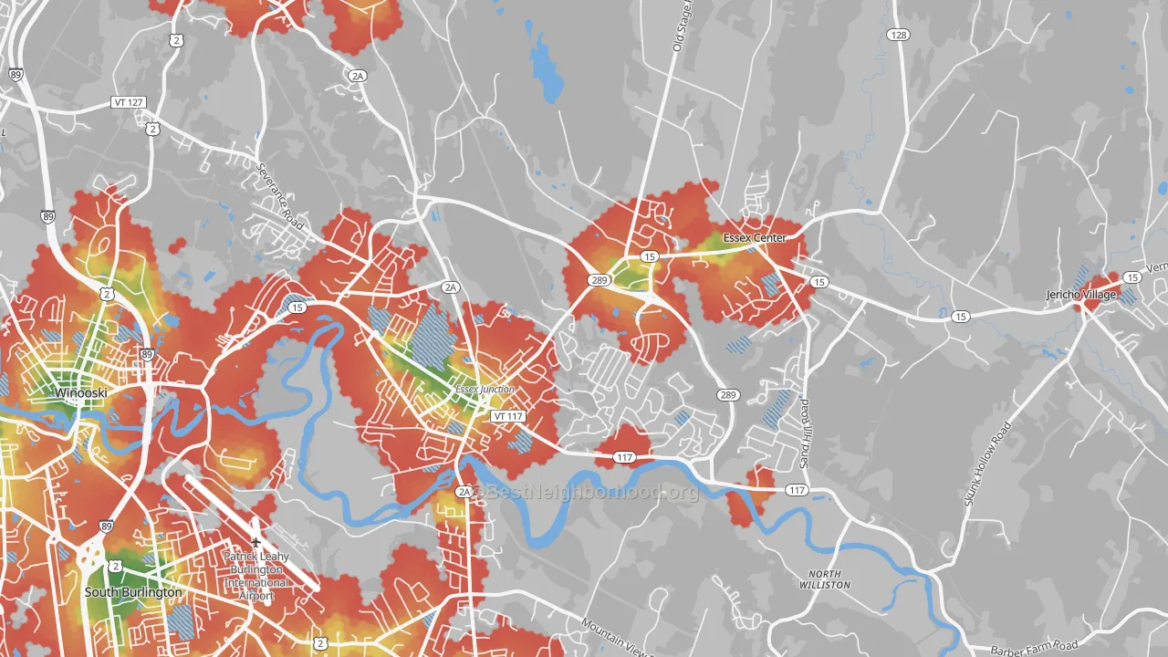 Walk Grade map of Essex, VT, walkable areas in green and car-dependent areas in red