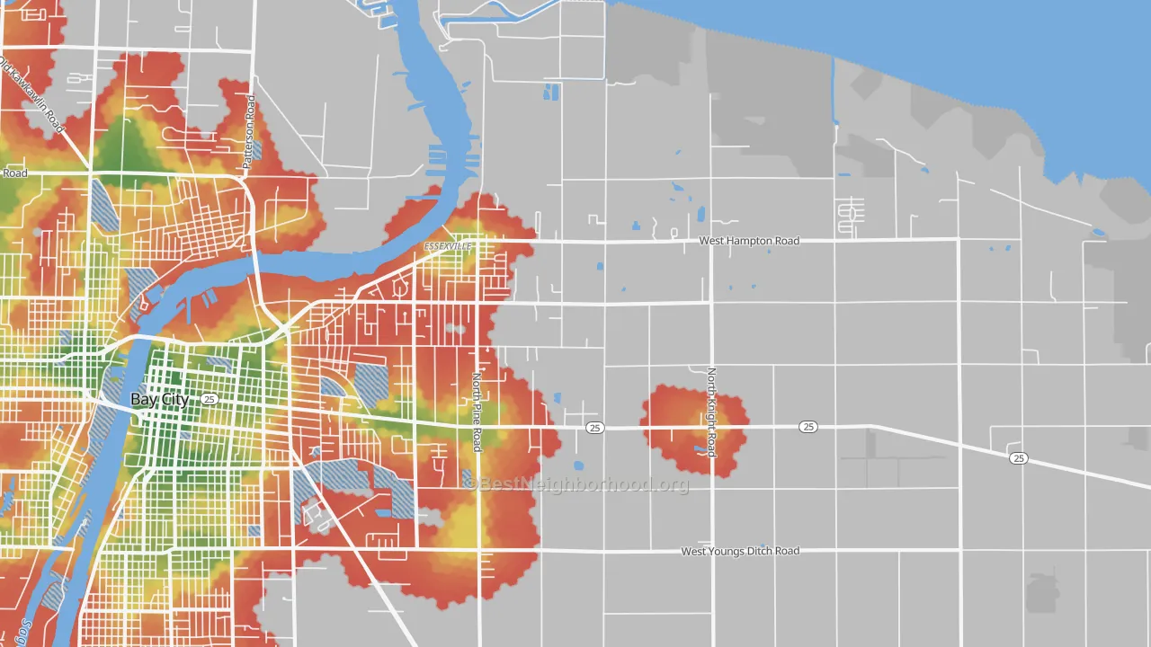 Walk Grade map of Essexville, MI, walkable areas in green and car-dependent areas in red