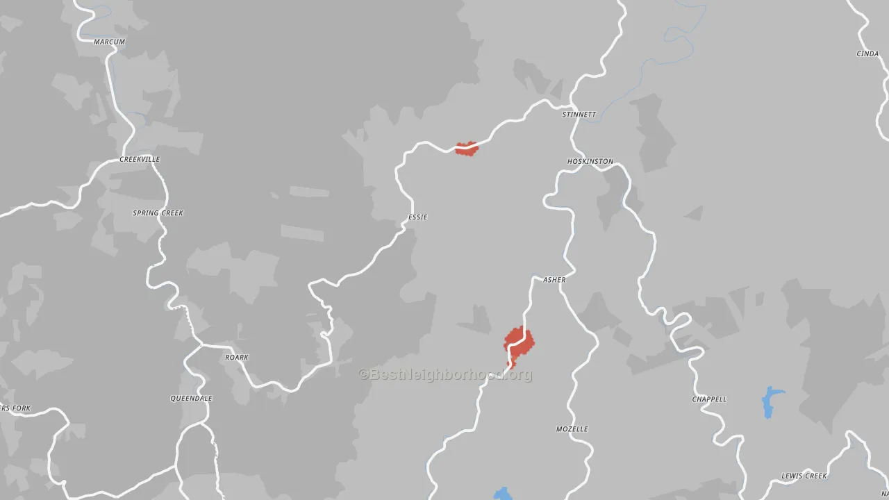 Walk Grade map of Essie, KY, walkable areas in green and car-dependent areas in red