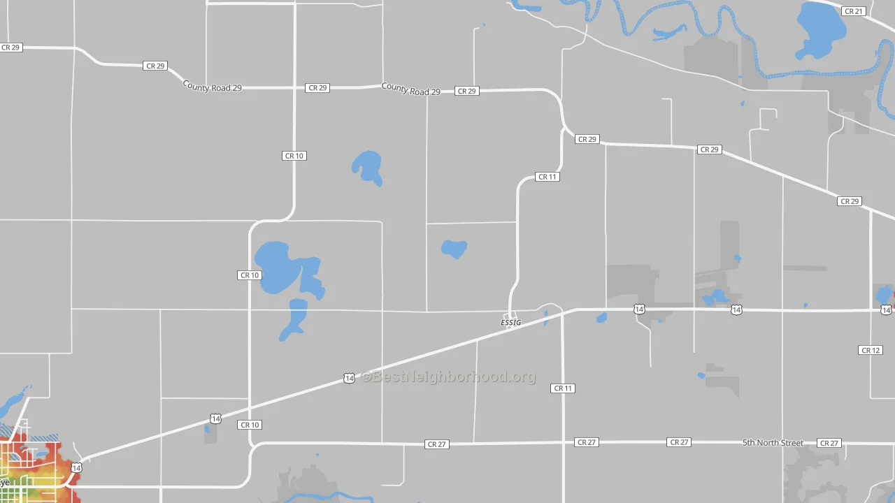 Walk Grade map of Essig, MN, walkable areas in green and car-dependent areas in red