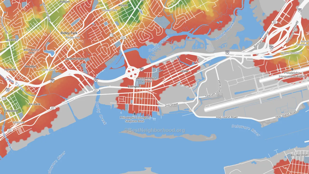 Walk Grade map of Essington, PA, walkable areas in green and car-dependent areas in red
