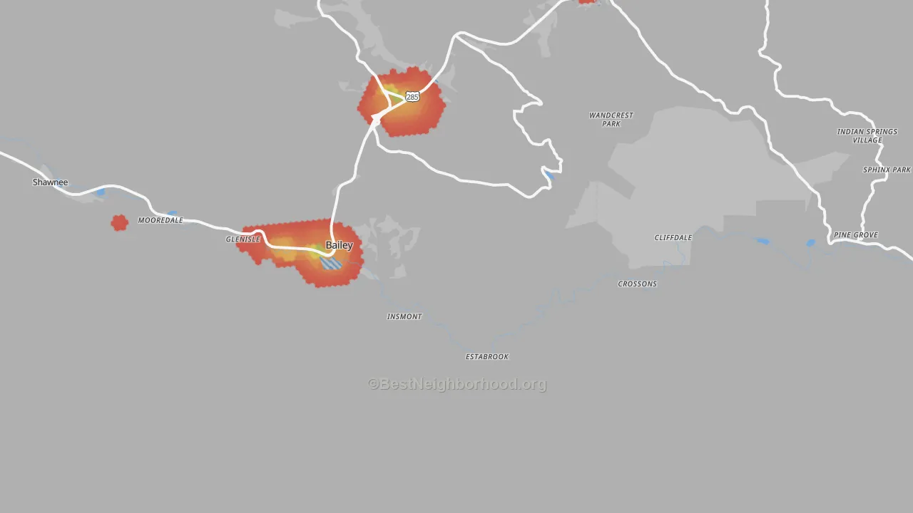 Walk Grade map of Estabrook, CO, walkable areas in green and car-dependent areas in red