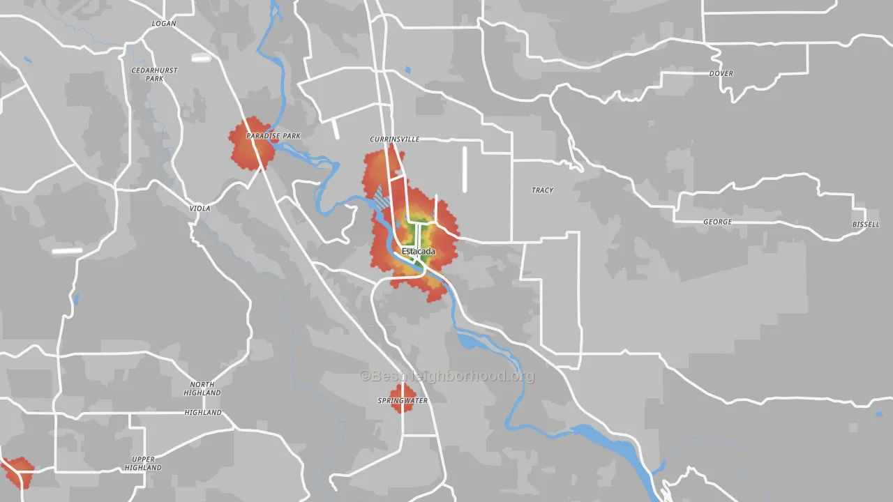 Walk Grade map of Estacada, OR, walkable areas in green and car-dependent areas in red