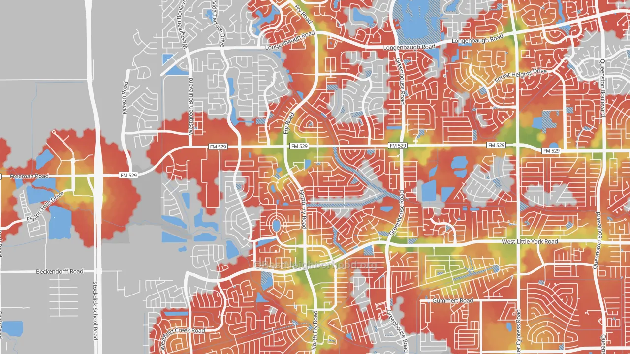 Walk Grade map of Estates Of Highland Creek, Katy, TX, walkable areas in green and car-dependent areas in red