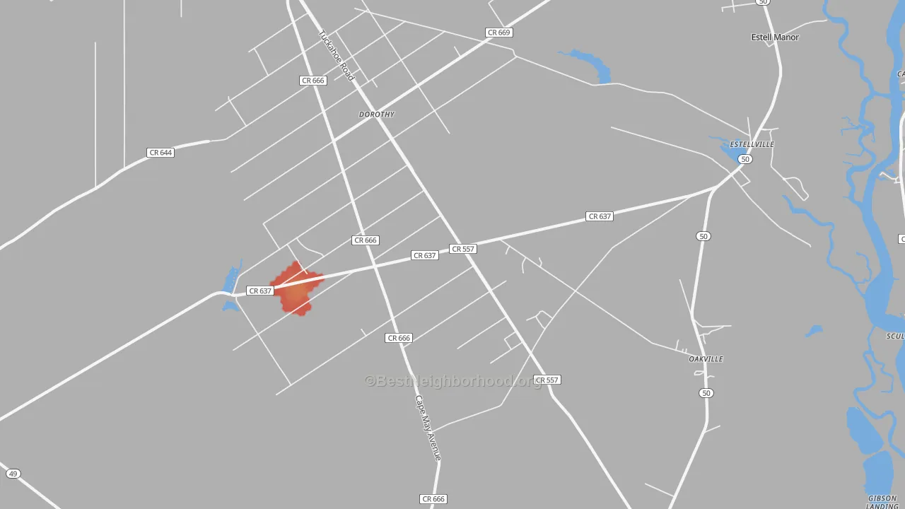 Walk Grade map of Estell Manor, NJ, walkable areas in green and car-dependent areas in red