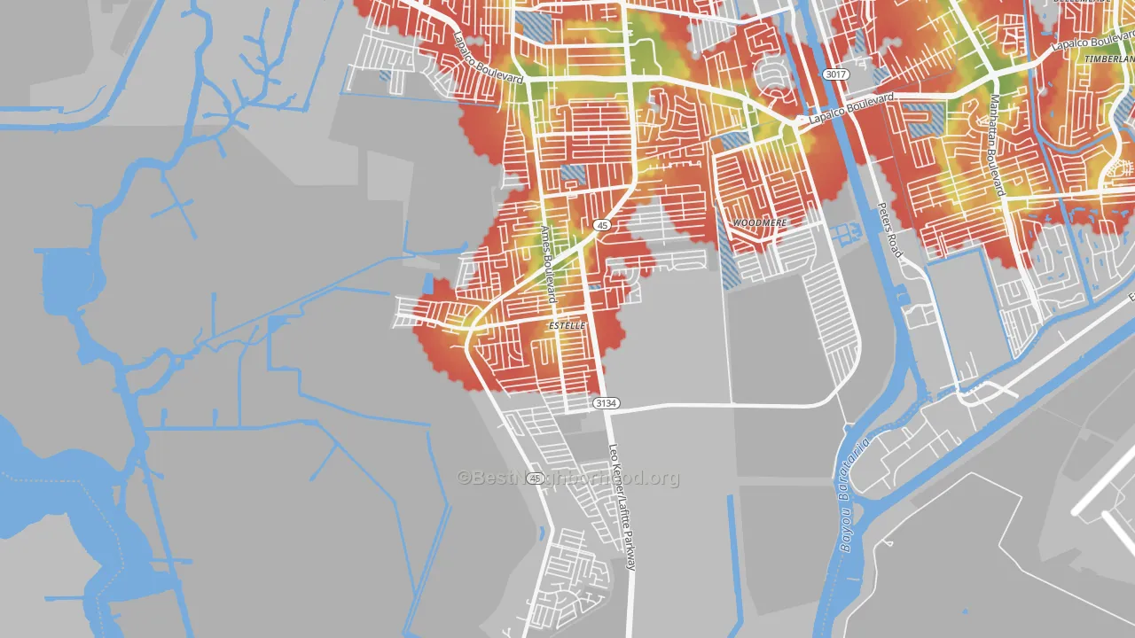 Walk Grade map of Estelle, LA, walkable areas in green and car-dependent areas in red