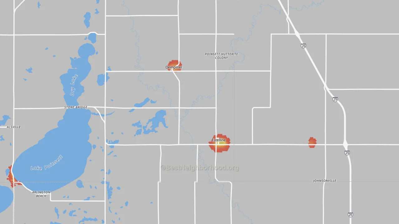 Walk Grade map of Estelline, SD, walkable areas in green and car-dependent areas in red