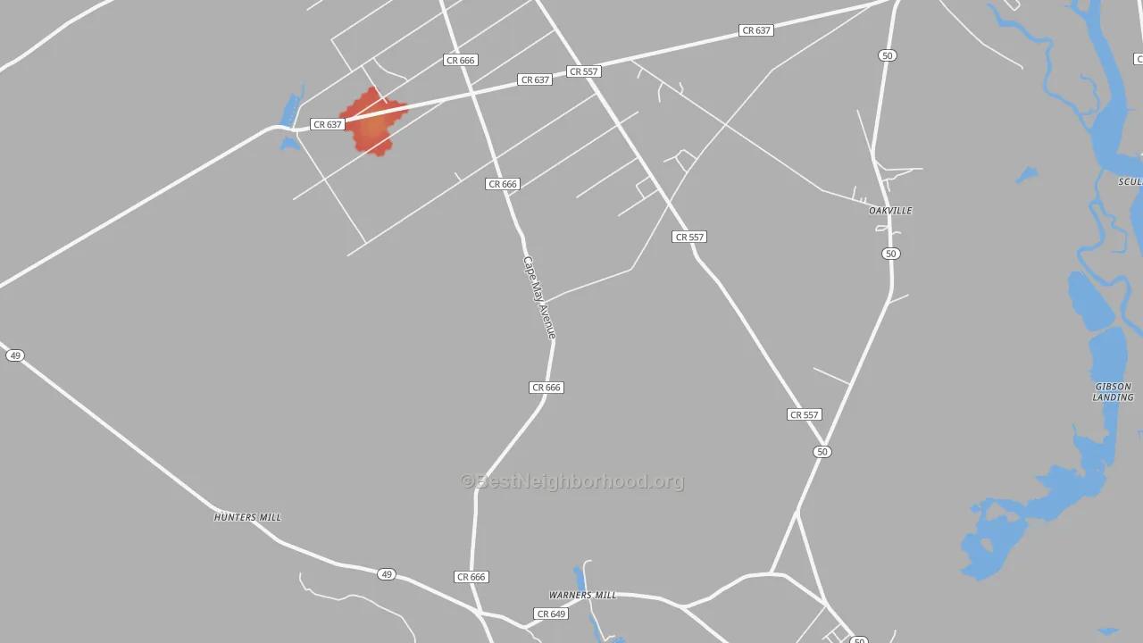 Walk Grade map of Estelville, NJ, walkable areas in green and car-dependent areas in red