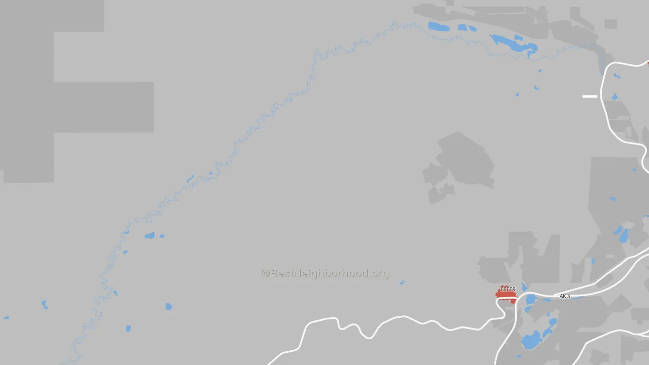 Walk Grade map of Ester, AK, walkable areas in green and car-dependent areas in red