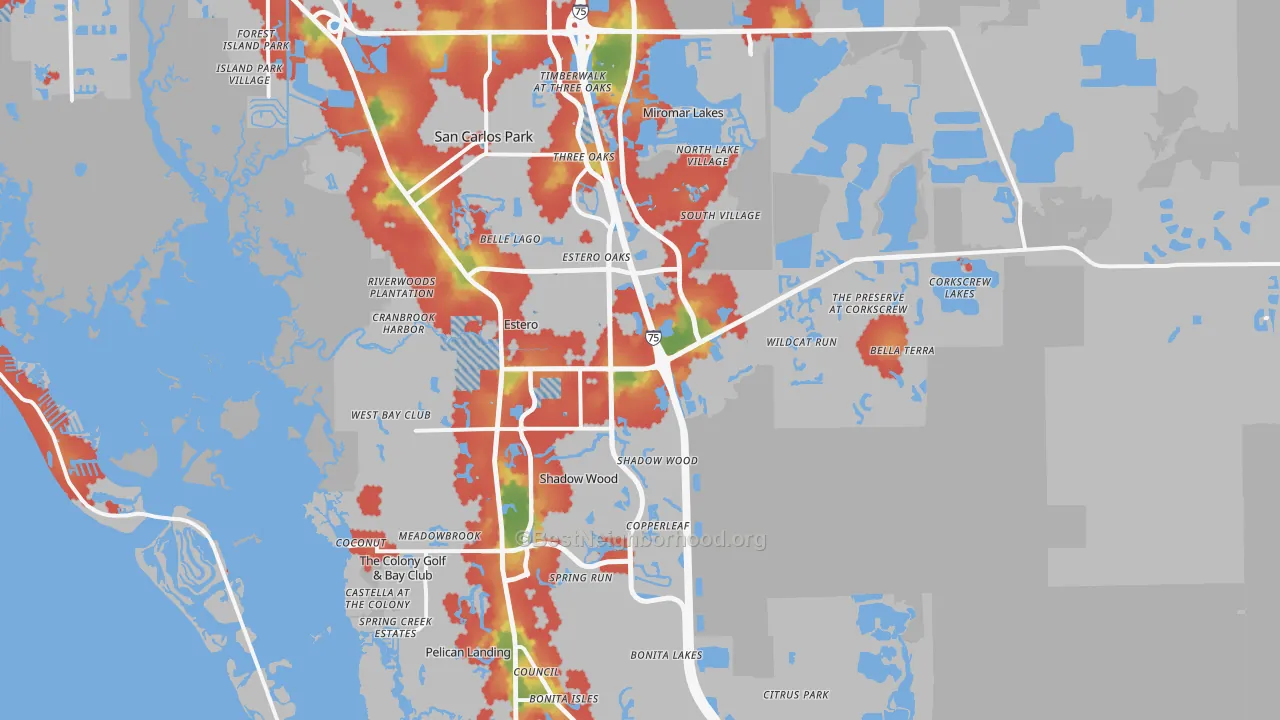 Walk Grade map of Estero, FL, walkable areas in green and car-dependent areas in red