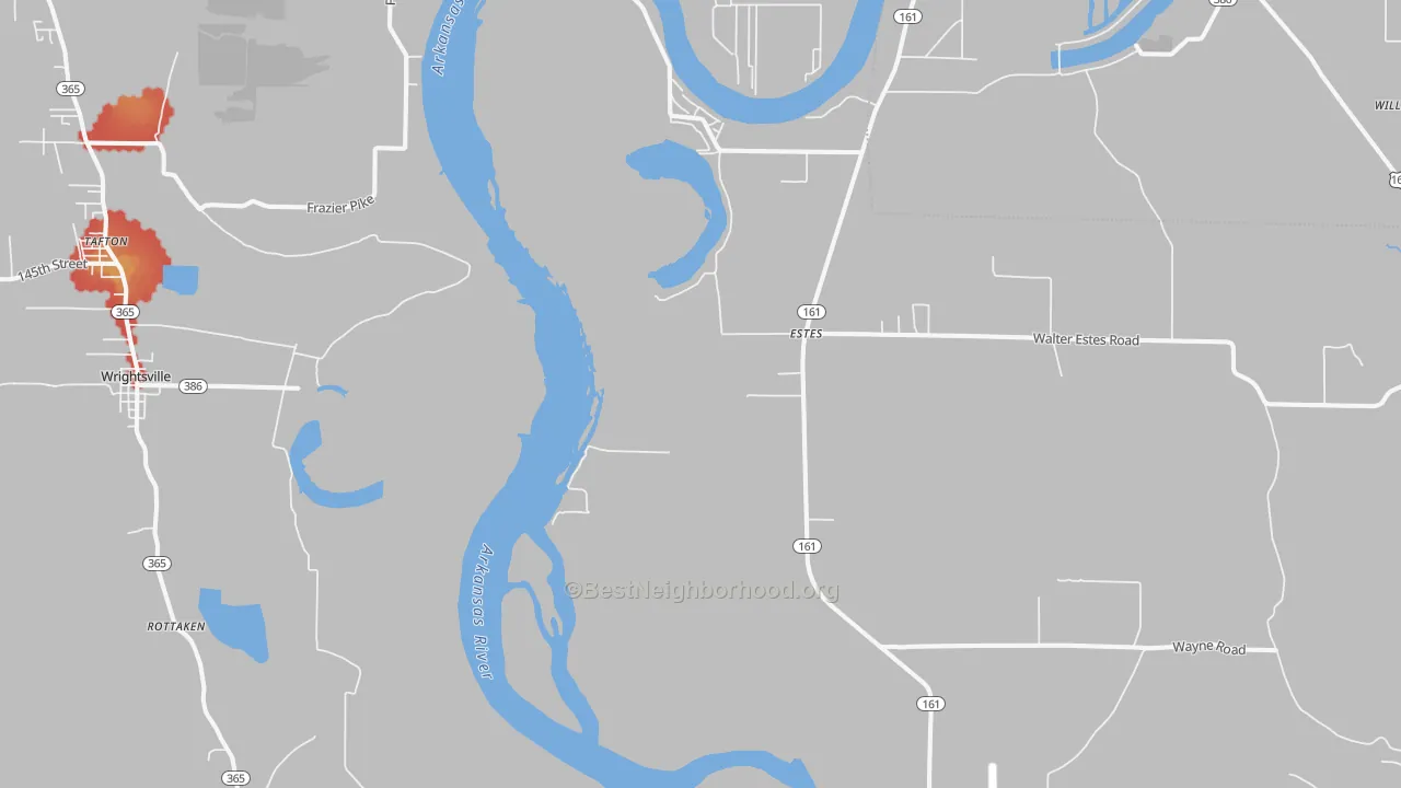 Walk Grade map of Estes, AR, walkable areas in green and car-dependent areas in red