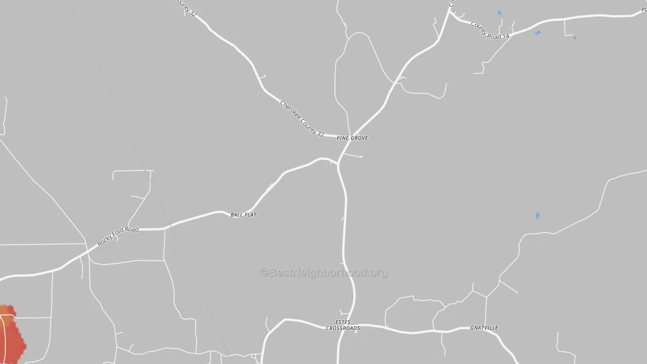 Walk Grade map of Estes Crossroads, AL, walkable areas in green and car-dependent areas in red