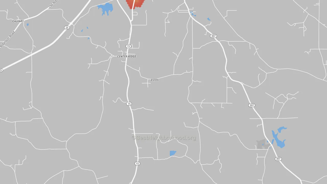 Walk Grade map of Estes, MS, walkable areas in green and car-dependent areas in red