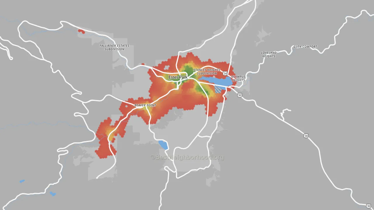 Walk Grade map of Estes Park, CO, walkable areas in green and car-dependent areas in red