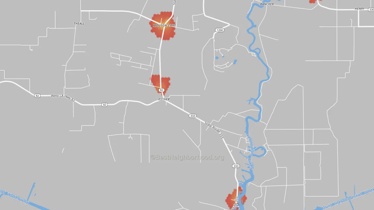 Walk Grade map of Esther, LA, walkable areas in green and car-dependent areas in red
