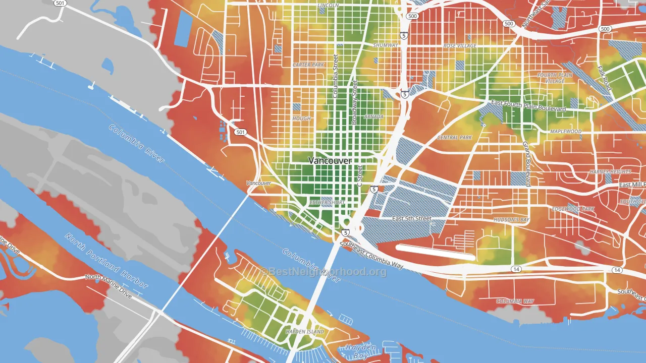 Walk Grade map of Esther Short, Vancouver, WA, walkable areas in green and car-dependent areas in red