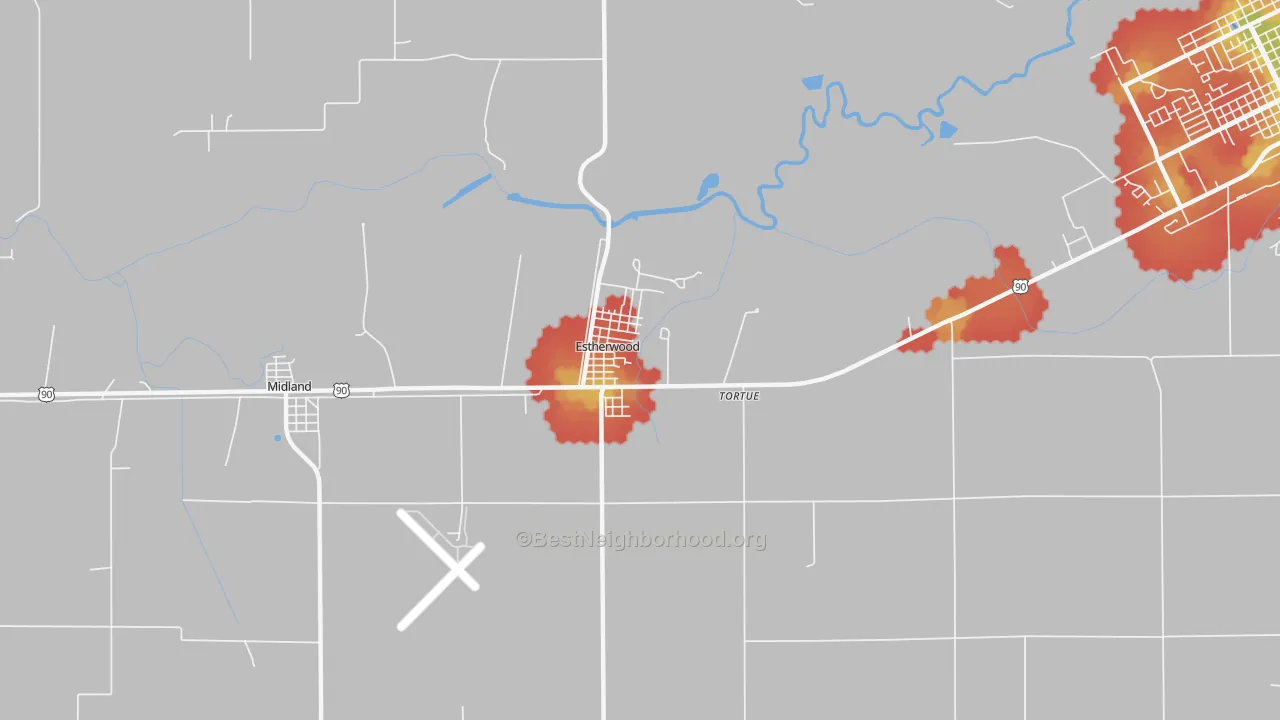 Walk Grade map of Estherwood, LA, walkable areas in green and car-dependent areas in red