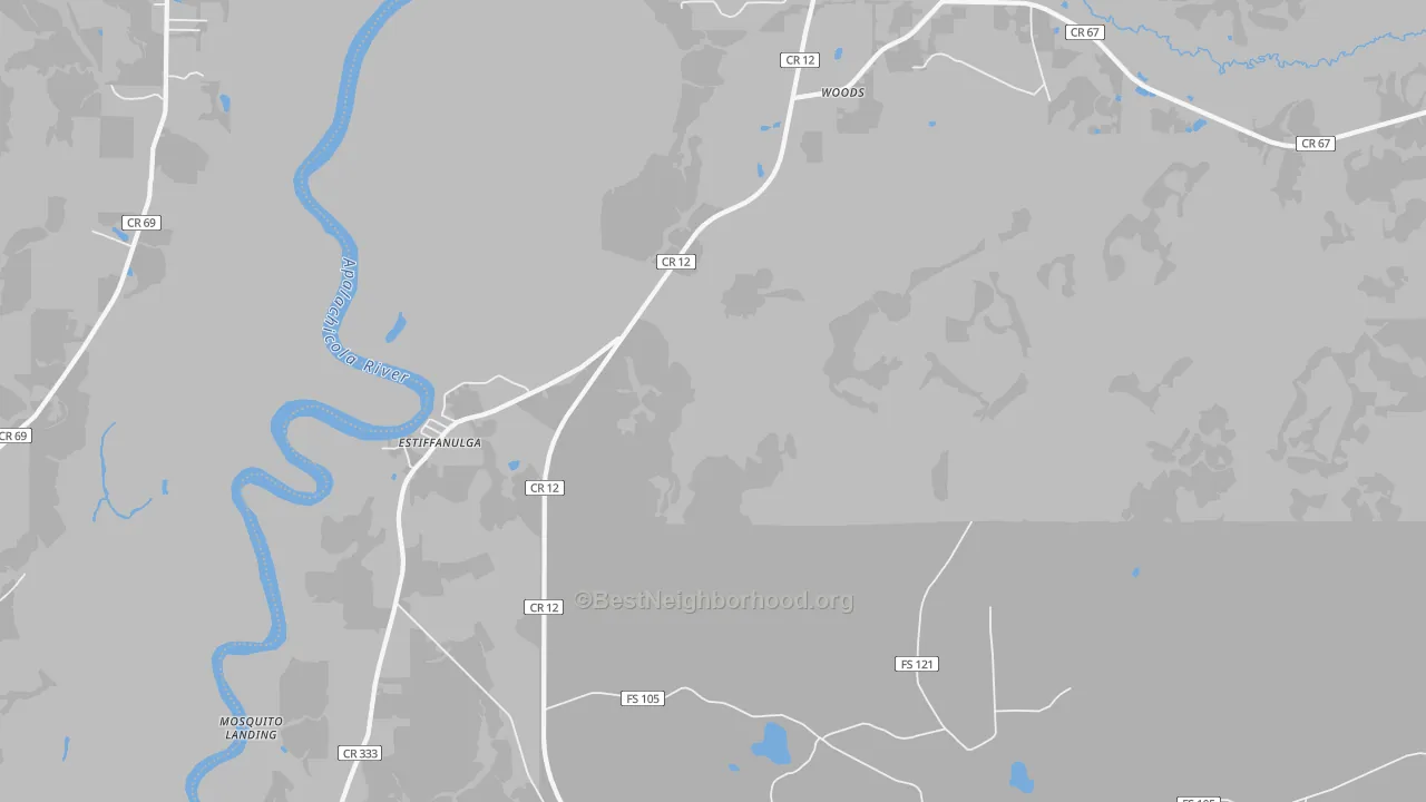 Walk Grade map of Estiffanulga, FL, walkable areas in green and car-dependent areas in red