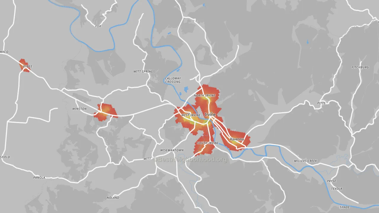 Walk Grade map of Estill County, KY, walkable areas in green and car-dependent areas in red