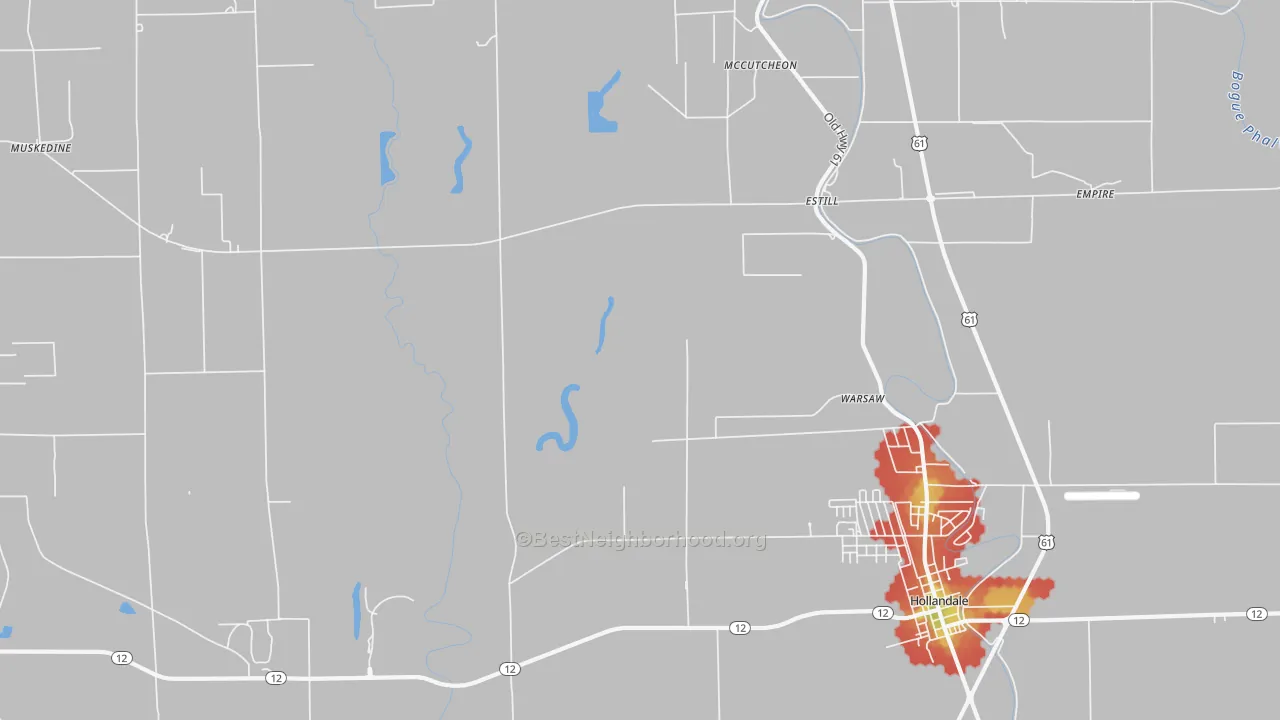 Walk Grade map of Estill, MS, walkable areas in green and car-dependent areas in red