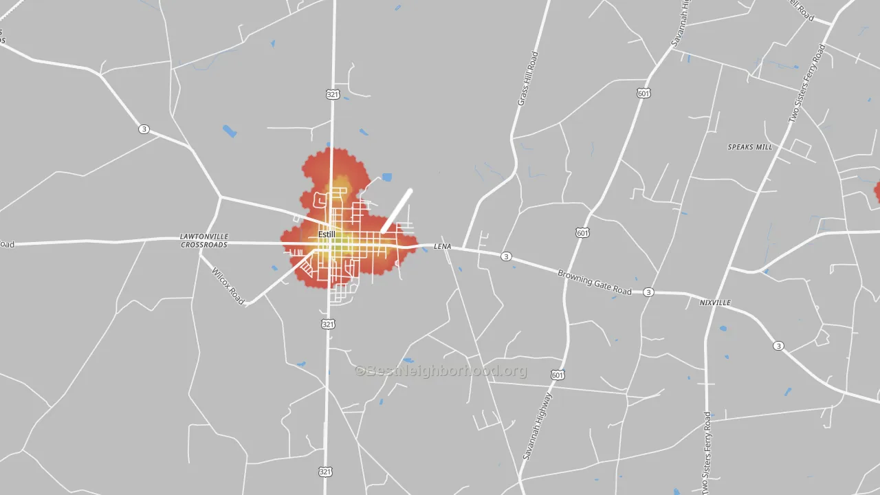 Walk Grade map of Estill, SC, walkable areas in green and car-dependent areas in red