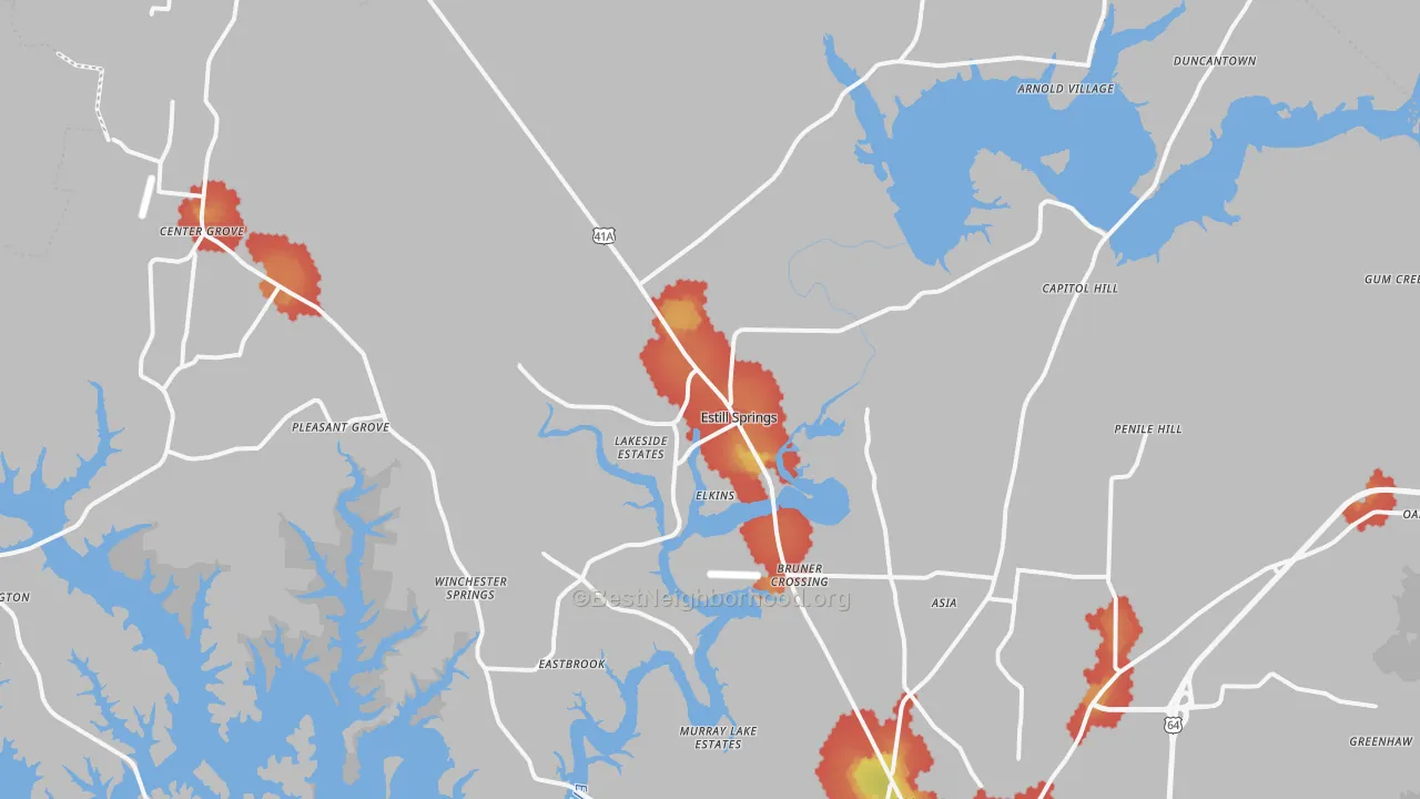 Walk Grade map of Estill Springs, TN, walkable areas in green and car-dependent areas in red