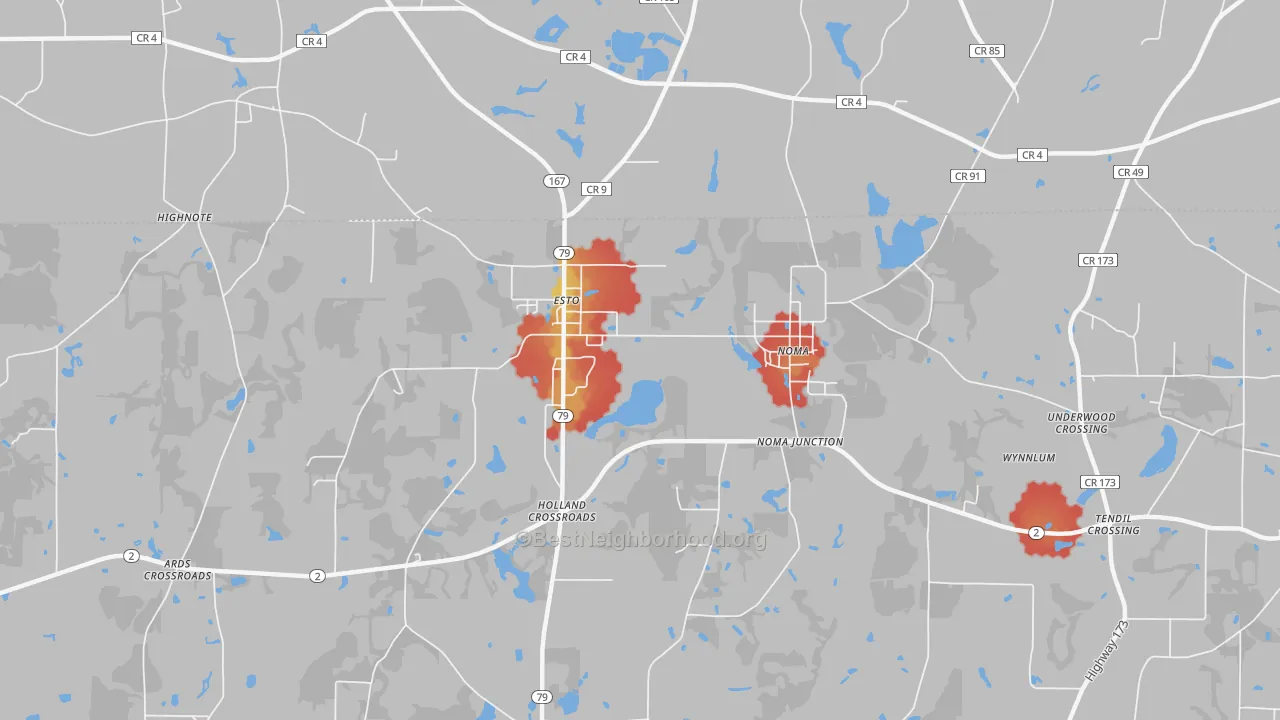 Walk Grade map of Esto, FL, walkable areas in green and car-dependent areas in red