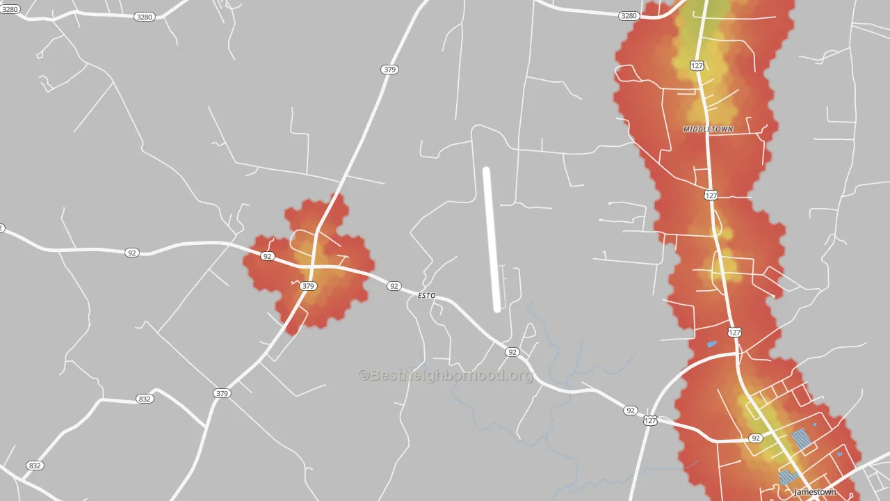 Walk Grade map of Esto, KY, walkable areas in green and car-dependent areas in red