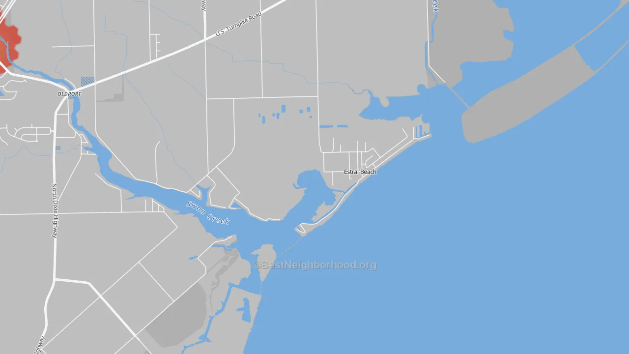 Walk Grade map of Estral Beach, MI, walkable areas in green and car-dependent areas in red