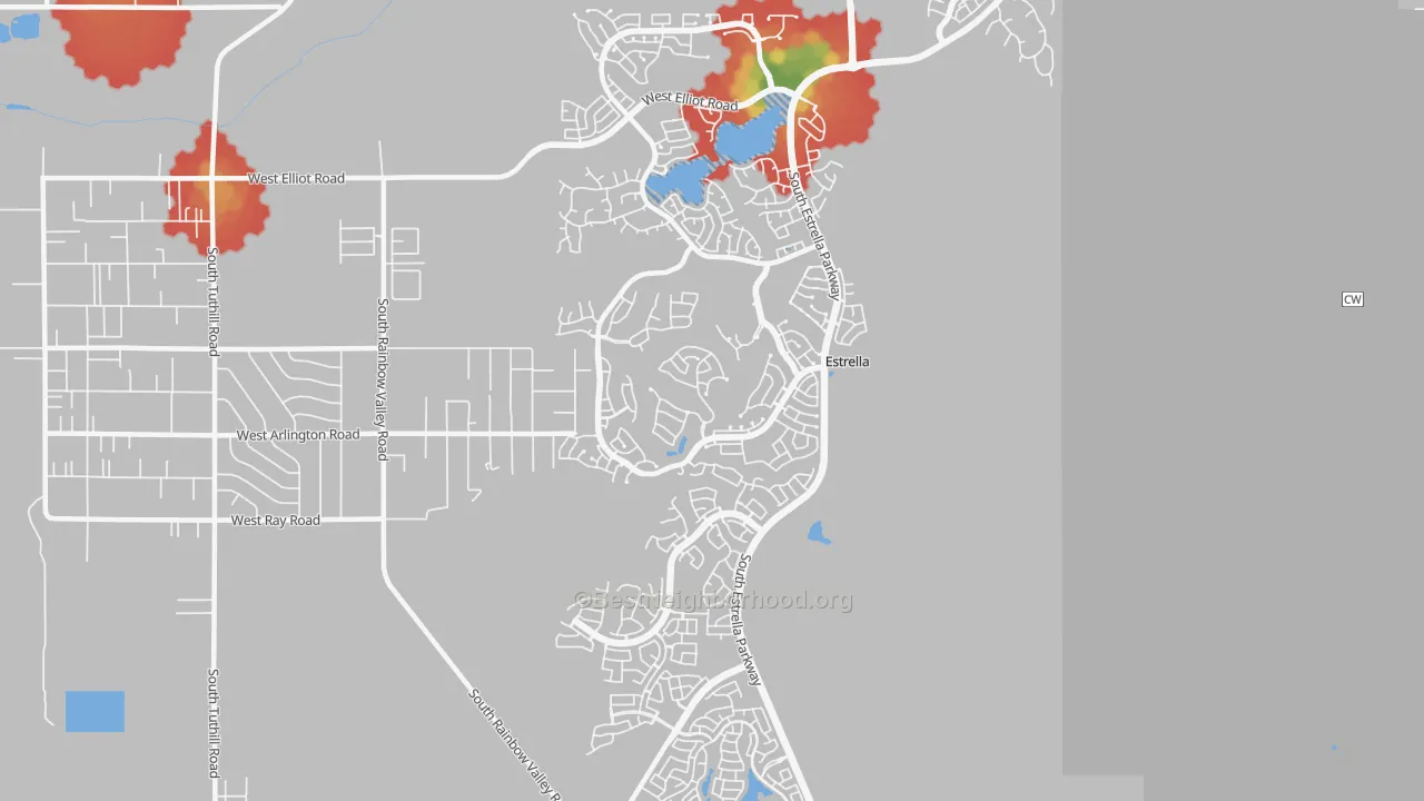Walk Grade map of Estrella-Goodyear, Goodyear, AZ, walkable areas in green and car-dependent areas in red