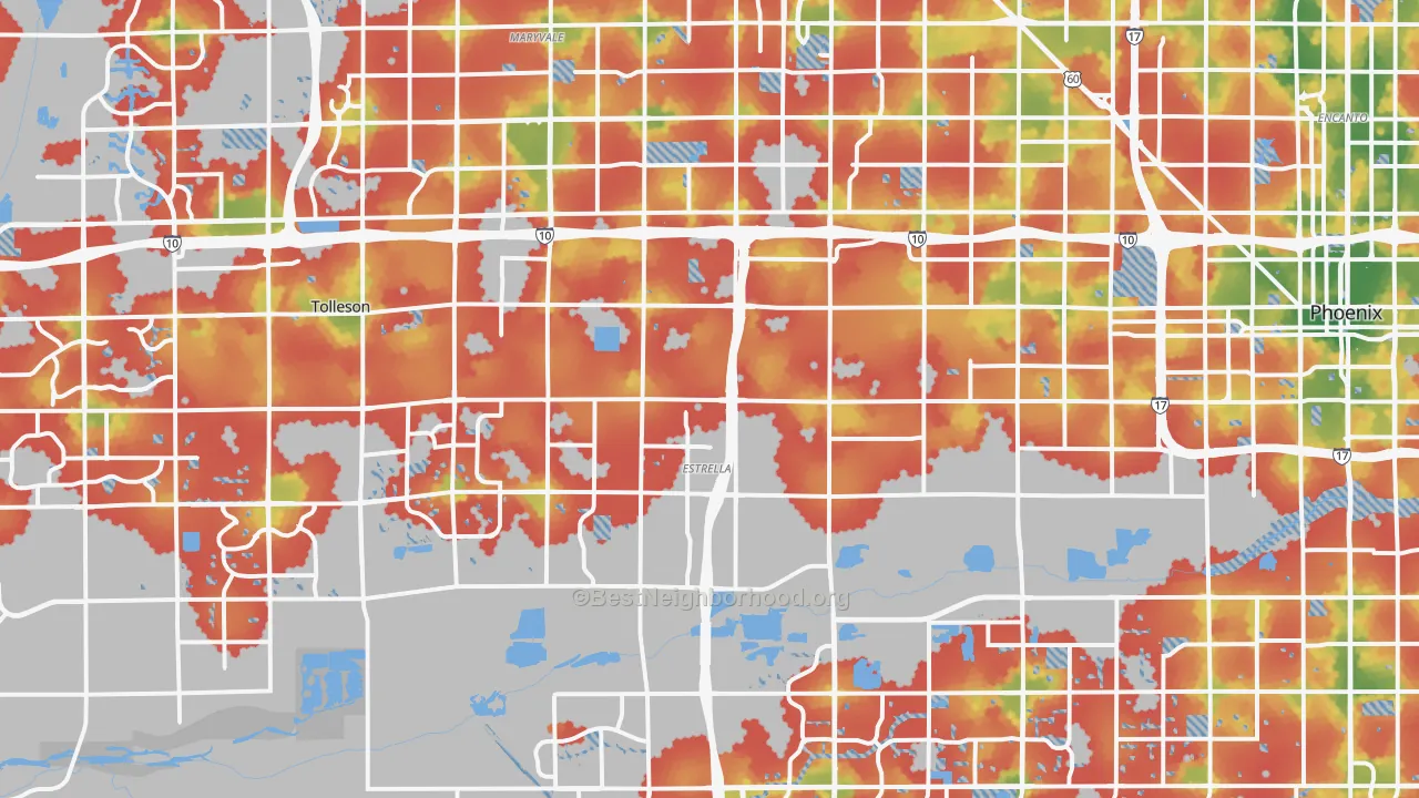 Walk Grade map of Estrella, Phoenix, AZ, walkable areas in green and car-dependent areas in red