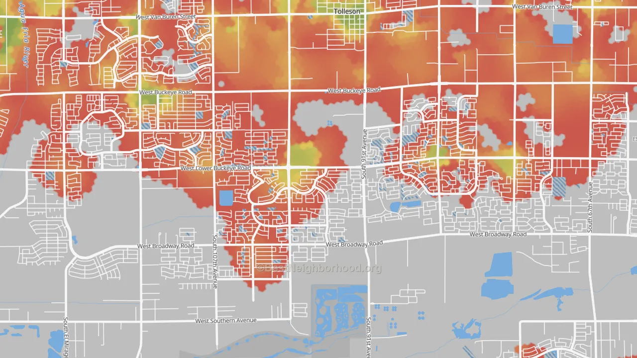 Walk Grade map of Estrella-Tolleson, Tolleson, AZ, walkable areas in green and car-dependent areas in red