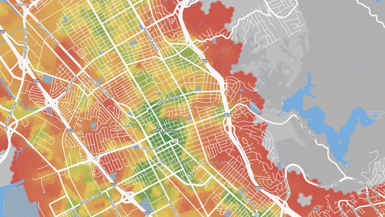 Walk Grade map of Estudillo Estates-Glen, San Leandro, CA, walkable areas in green and car-dependent areas in red