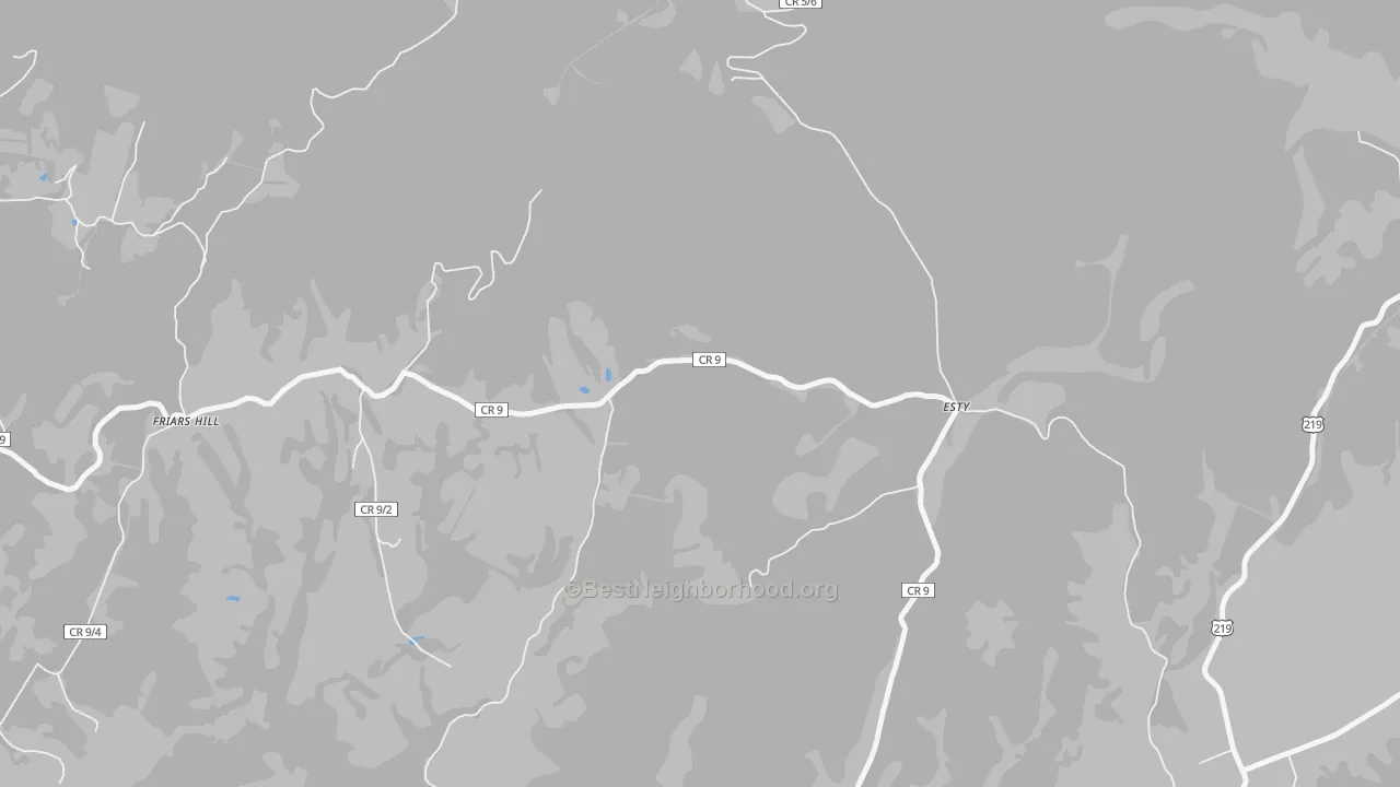 Walk Grade map of Esty, WV, walkable areas in green and car-dependent areas in red