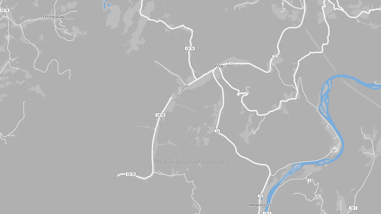 Walk Grade map of Etam, WV, walkable areas in green and car-dependent areas in red