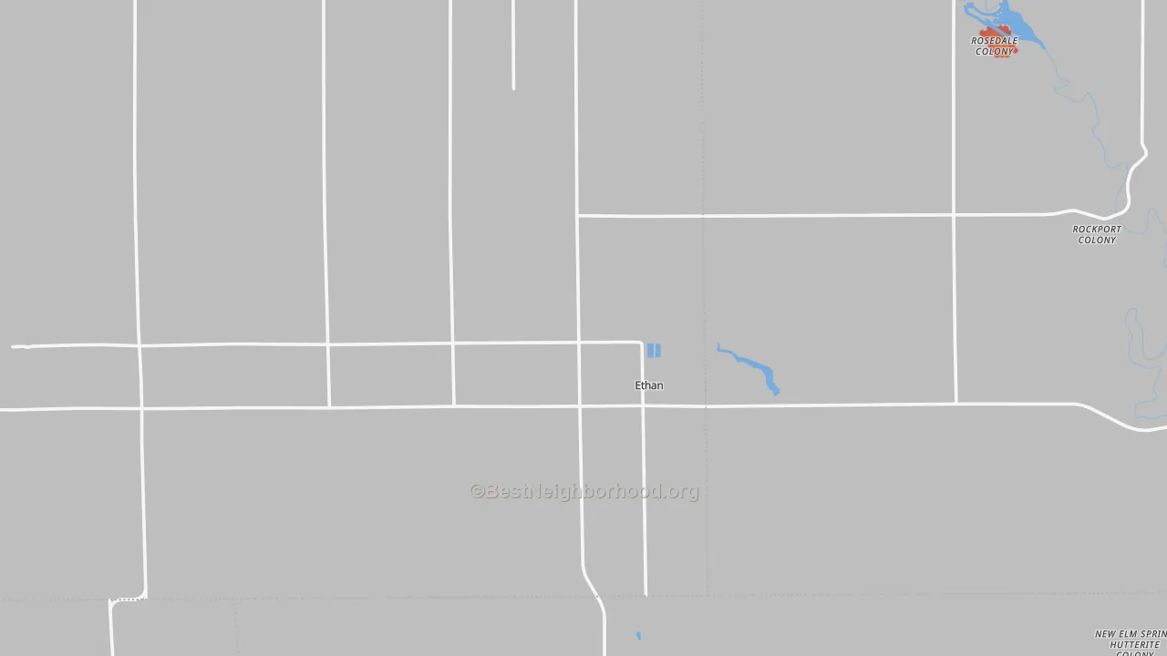 Walk Grade map of Ethan, SD, walkable areas in green and car-dependent areas in red