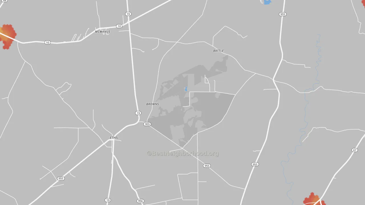 Walk Grade map of Ethel, LA, walkable areas in green and car-dependent areas in red